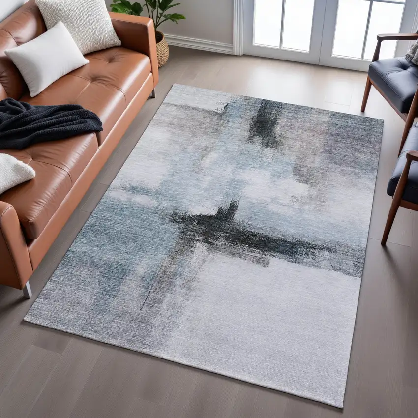 Blue Charcoal And Ivory Abstract Washable Area Rug With UV Protection Photo 4