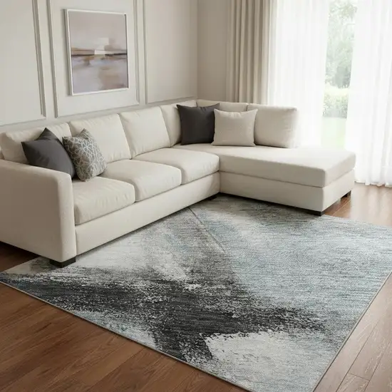 Blue Charcoal And Ivory Abstract Washable Area Rug With UV Protection Photo 2