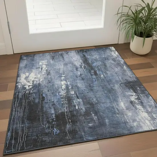 Blue Charcoal And Ivory Abstract Washable Area Rug With UV Protection Photo 2