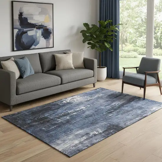 Blue Charcoal And Ivory Abstract Washable Area Rug With UV Protection Photo 2