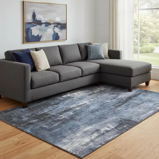 Blue Charcoal And Ivory Abstract Washable Area Rug With UV Protection Photo 2