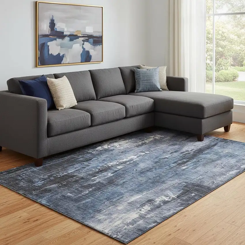 Blue Charcoal And Ivory Abstract Washable Area Rug With UV Protection Photo 2