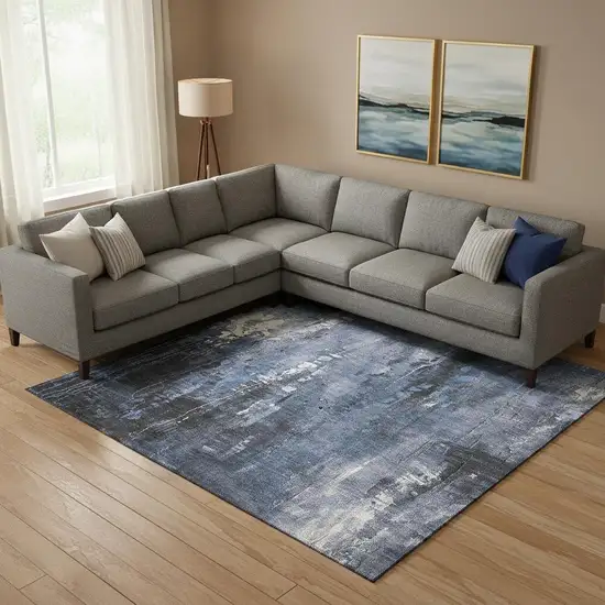 Blue Charcoal And Ivory Abstract Washable Area Rug With UV Protection Photo 2