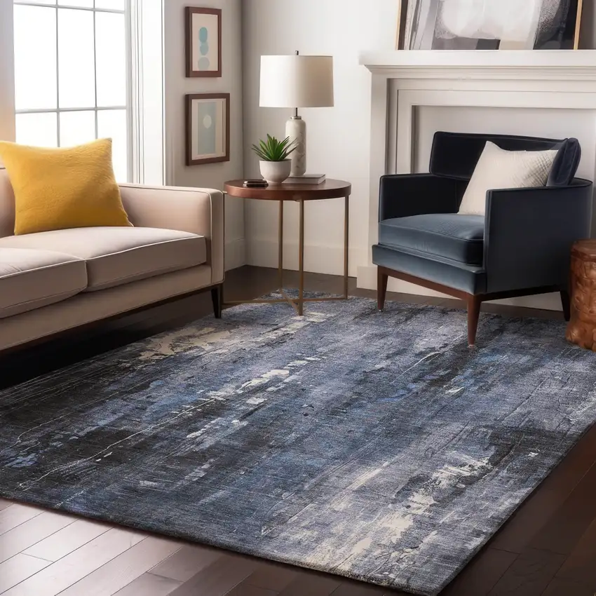 Blue Charcoal And Ivory Abstract Washable Area Rug With UV Protection Photo 6