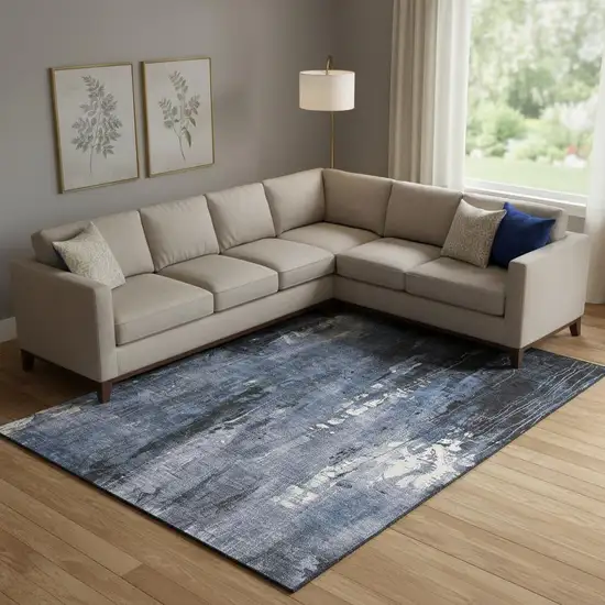 Blue Charcoal And Ivory Abstract Washable Area Rug With UV Protection Photo 2