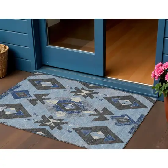 Blue Charcoal And Ivory Aztec Washable Indoor Outdoor Area Rug Photo 2