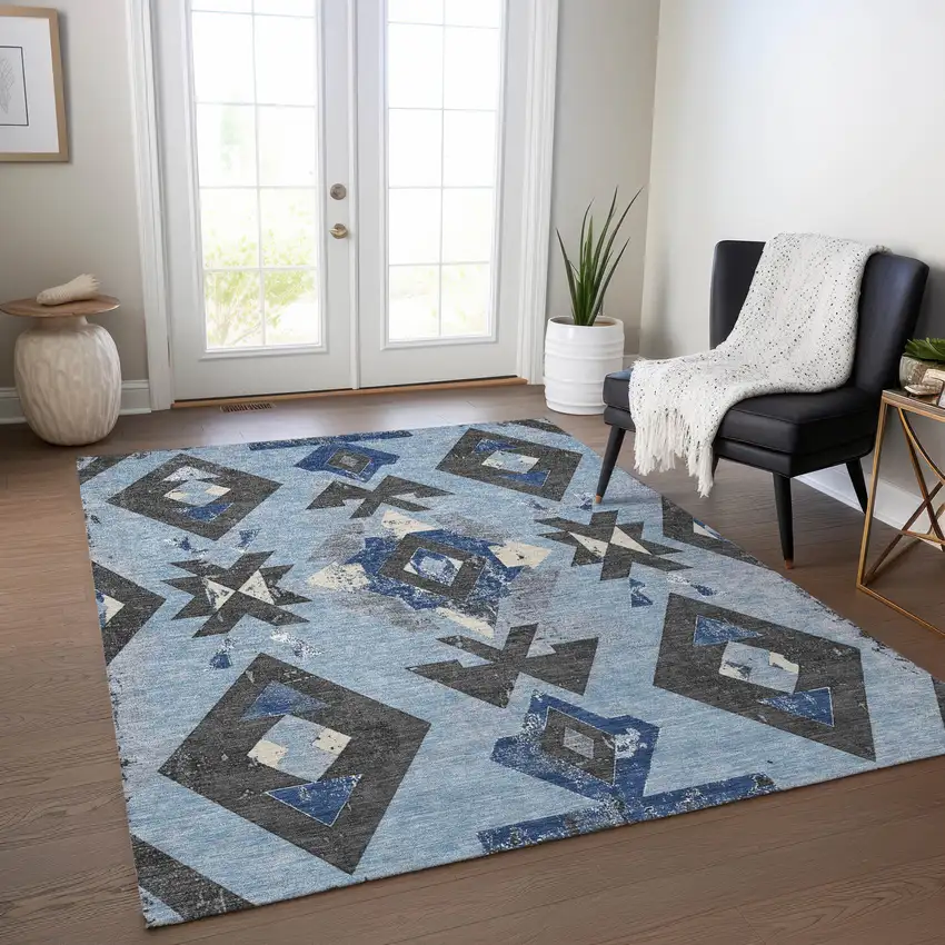 Blue Charcoal And Ivory Aztec Washable Indoor Outdoor Area Rug Photo 6