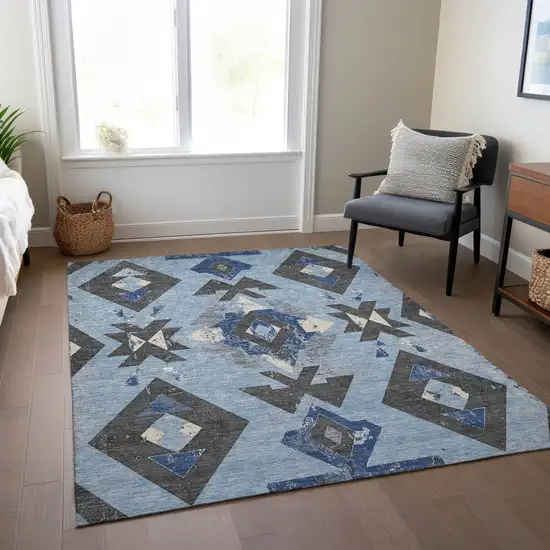 Blue Charcoal And Ivory Aztec Washable Indoor Outdoor Area Rug Photo 7