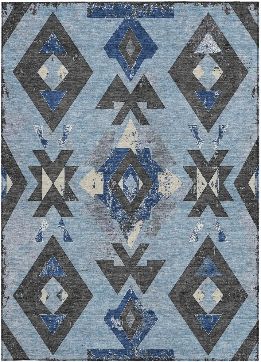 Blue Charcoal And Ivory Aztec Washable Indoor Outdoor Area Rug Photo 3