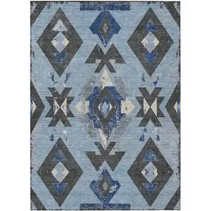 Photo of Blue Charcoal And Ivory Aztec Washable Indoor Outdoor Area Rug
