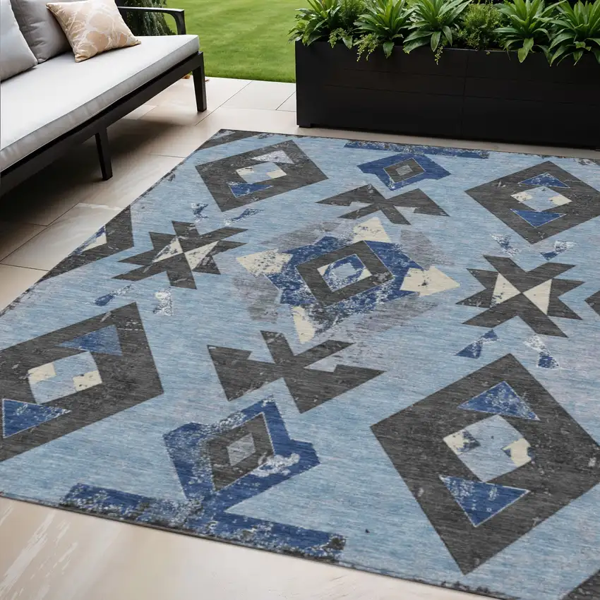 Blue Charcoal And Ivory Aztec Washable Indoor Outdoor Area Rug Photo 2
