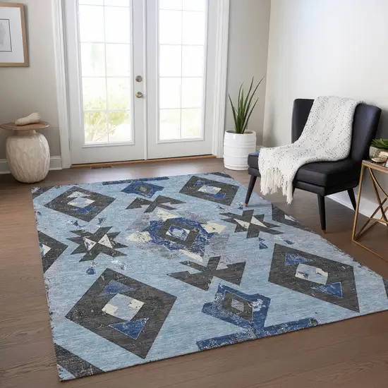 Blue Charcoal And Ivory Aztec Washable Indoor Outdoor Area Rug Photo 6