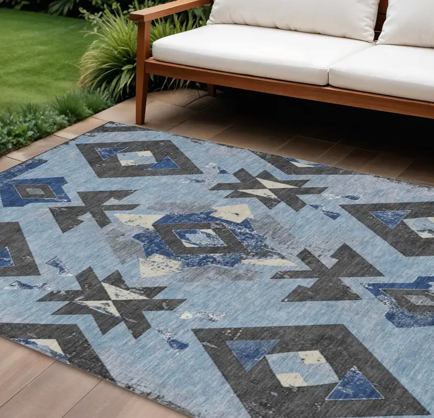 Blue Charcoal And Ivory Aztec Washable Indoor Outdoor Area Rug Photo 2
