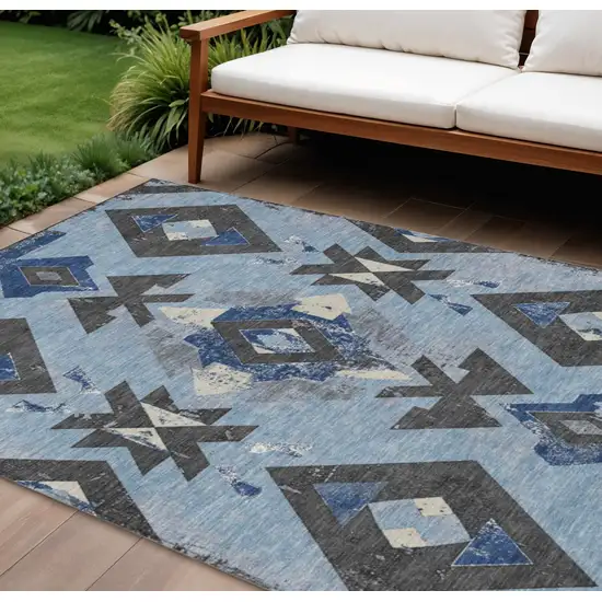 Blue Charcoal And Ivory Aztec Washable Indoor Outdoor Area Rug Photo 2