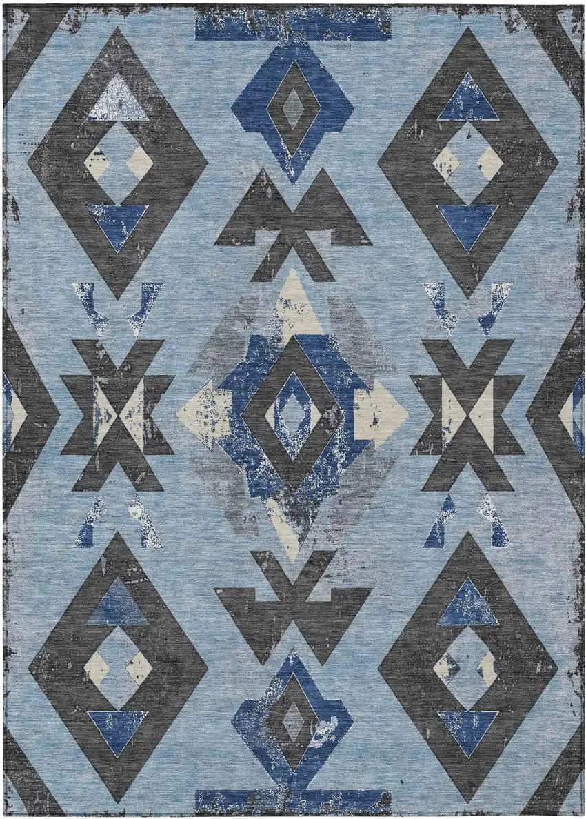 Blue Charcoal And Ivory Aztec Washable Indoor Outdoor Area Rug Photo 1
