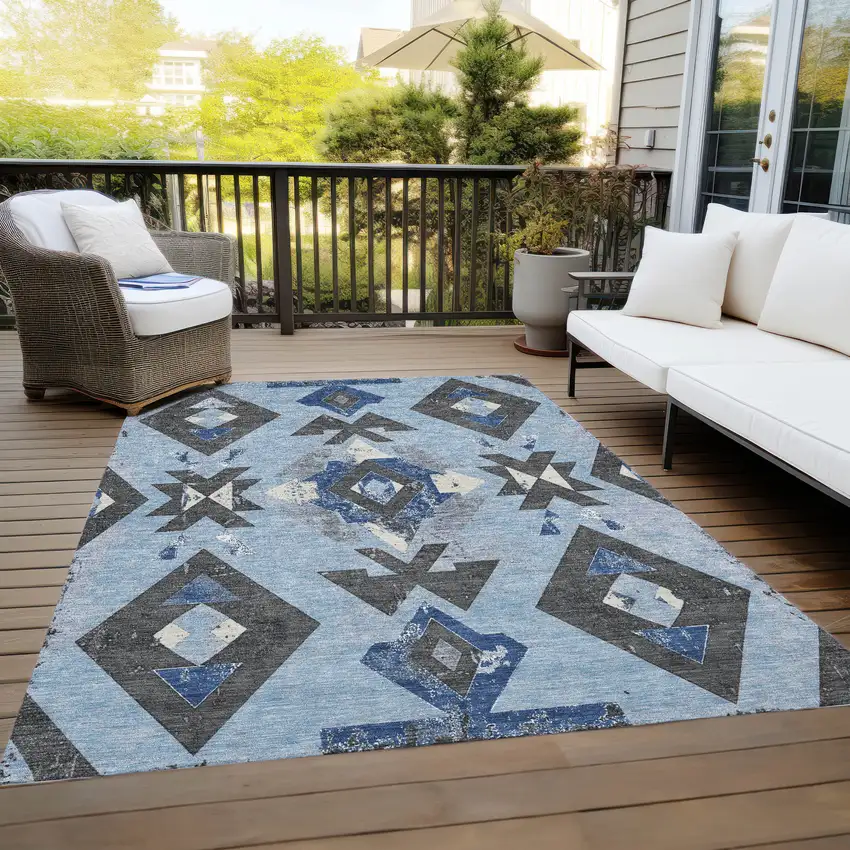 Blue Charcoal And Ivory Aztec Washable Indoor Outdoor Area Rug Photo 8