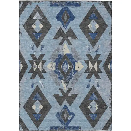 Blue Charcoal And Ivory Aztec Washable Indoor Outdoor Area Rug Photo 1