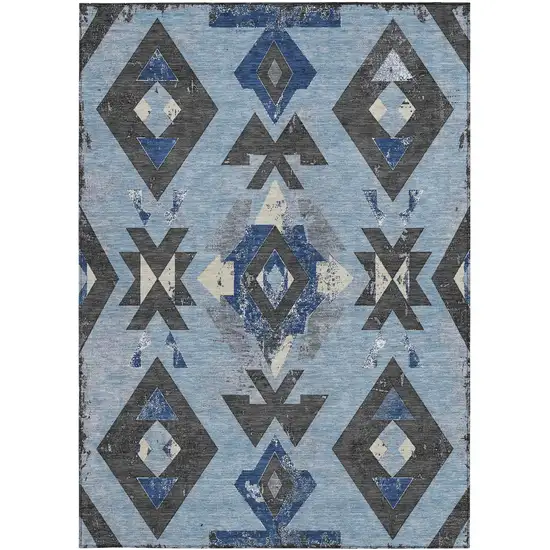 Blue Charcoal And Ivory Aztec Washable Indoor Outdoor Area Rug Photo 3