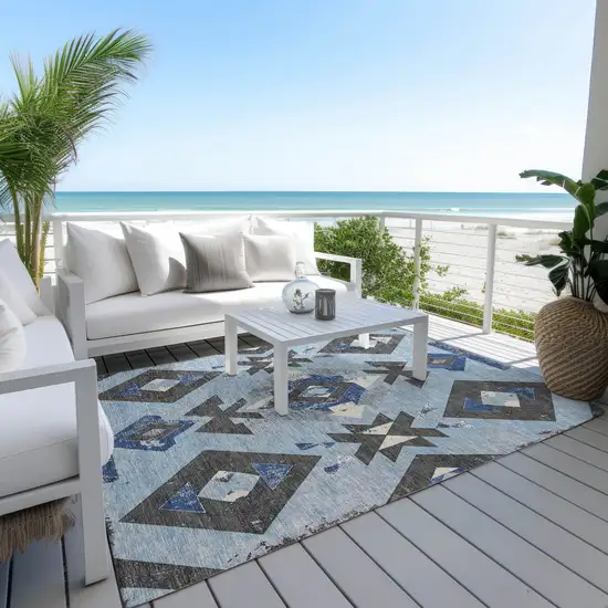 Blue Charcoal And Ivory Aztec Washable Indoor Outdoor Area Rug Photo 5