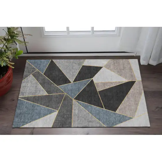 Blue Charcoal And Ivory Geometric Washable Area Rug With UV Protection Photo 2
