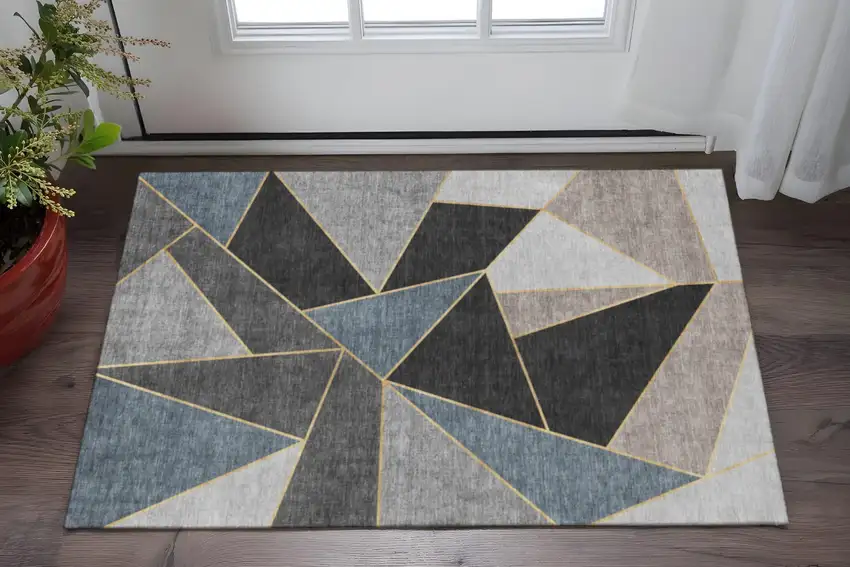 Blue Charcoal And Ivory Geometric Washable Area Rug With UV Protection Photo 2