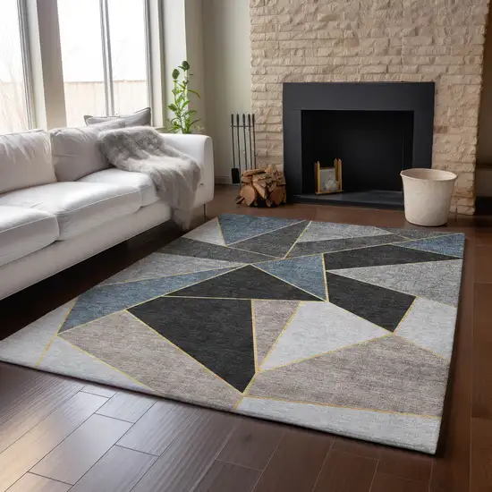 Blue Charcoal And Ivory Geometric Washable Area Rug With UV Protection Photo 6