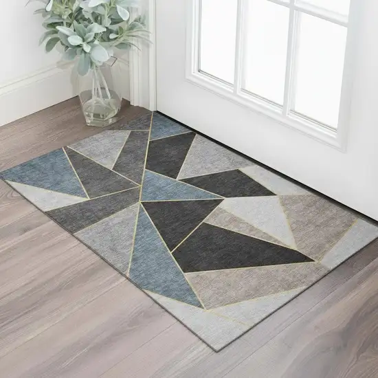 Blue Charcoal And Ivory Geometric Washable Area Rug With UV Protection Photo 1