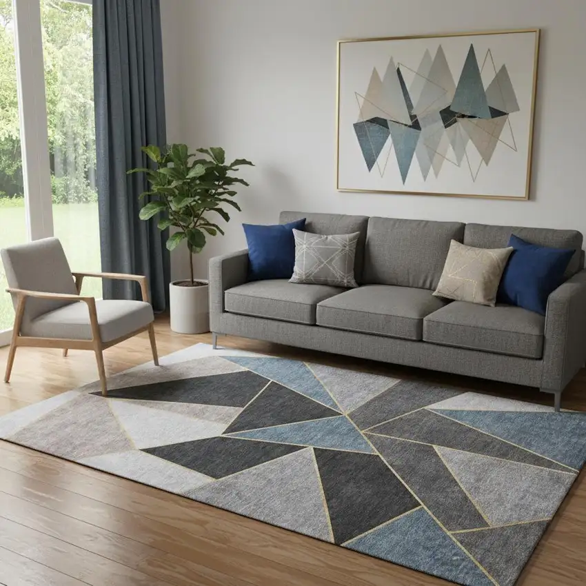 Blue Charcoal And Ivory Geometric Washable Area Rug With UV Protection Photo 1