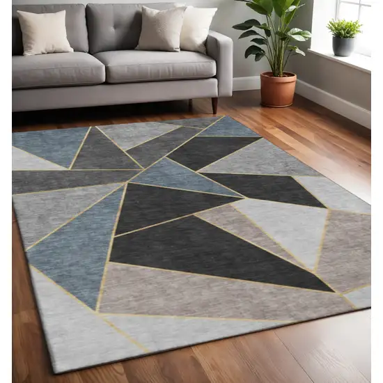 Blue Charcoal And Ivory Geometric Washable Area Rug With UV Protection Photo 2