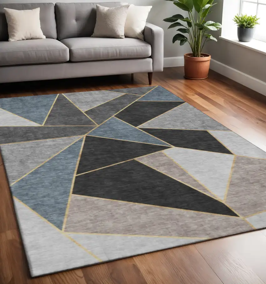Blue Charcoal And Ivory Geometric Washable Area Rug With UV Protection Photo 2