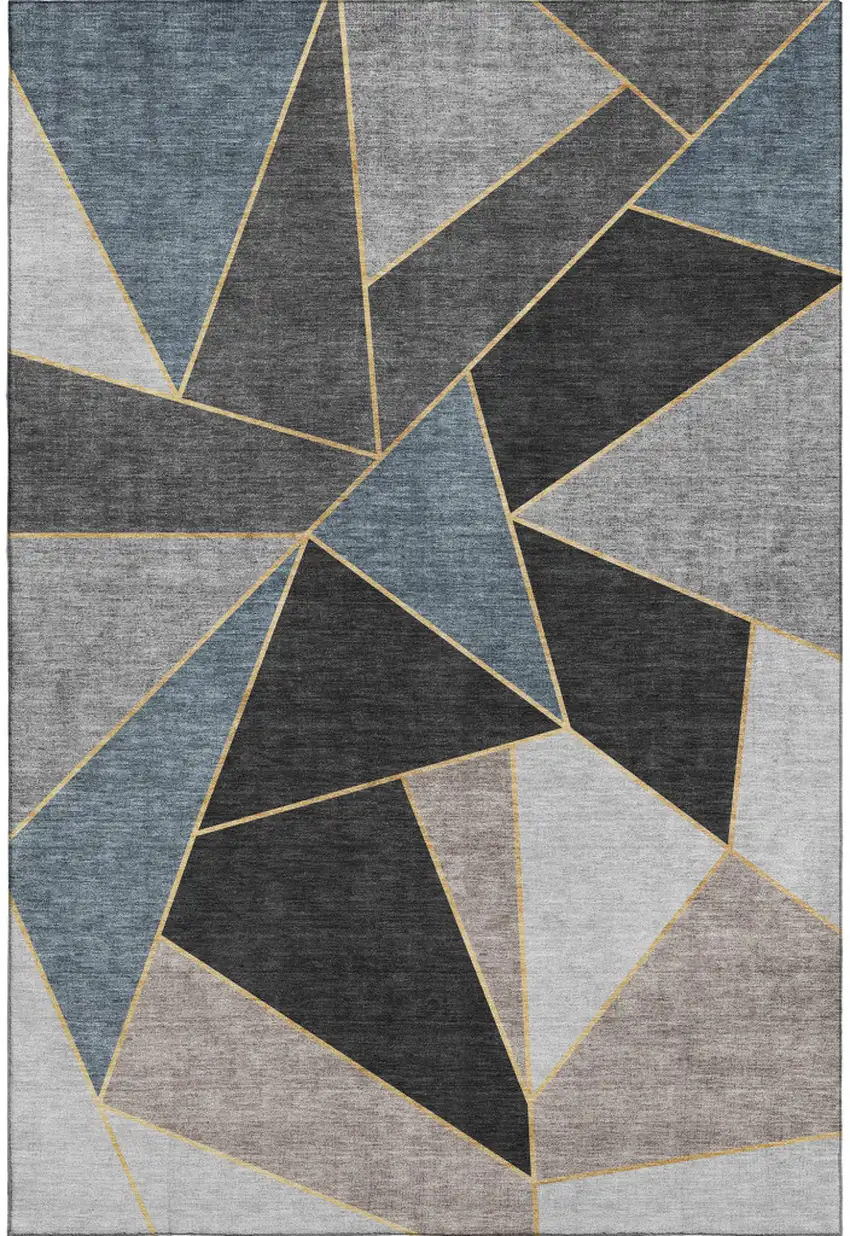 Blue Charcoal And Ivory Geometric Washable Area Rug With UV Protection Photo 1