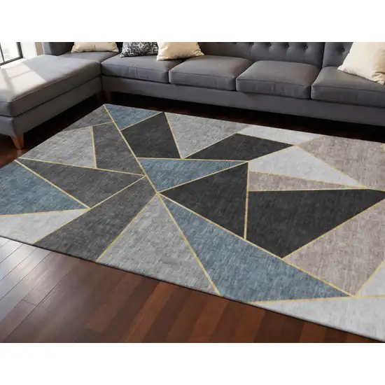 Blue Charcoal And Ivory Geometric Washable Area Rug With UV Protection Photo 2