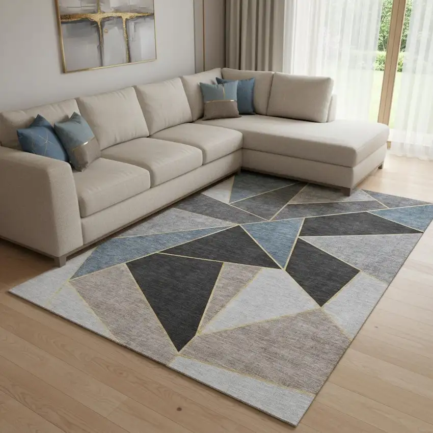 Blue Charcoal And Ivory Geometric Washable Area Rug With UV Protection Photo 1