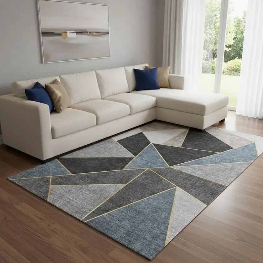 Blue Charcoal And Ivory Geometric Washable Area Rug With UV Protection Photo 1