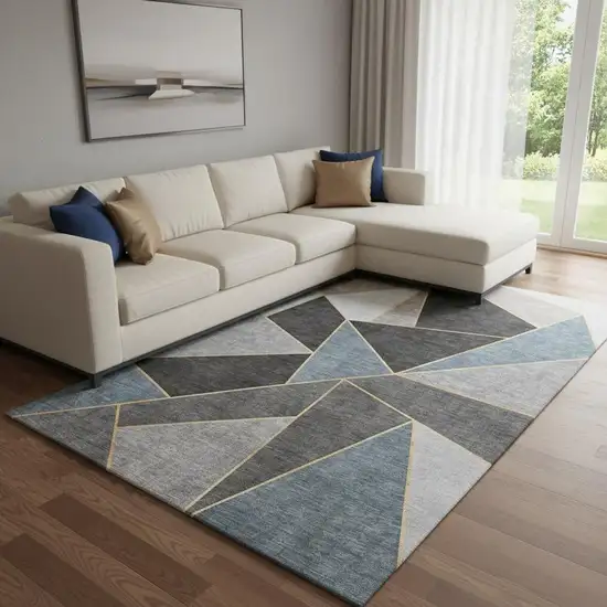 Blue Charcoal And Ivory Geometric Washable Area Rug With UV Protection Photo 1