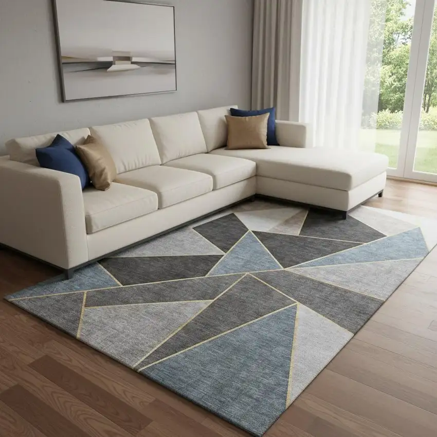 Blue Charcoal And Ivory Geometric Washable Area Rug With UV Protection Photo 1