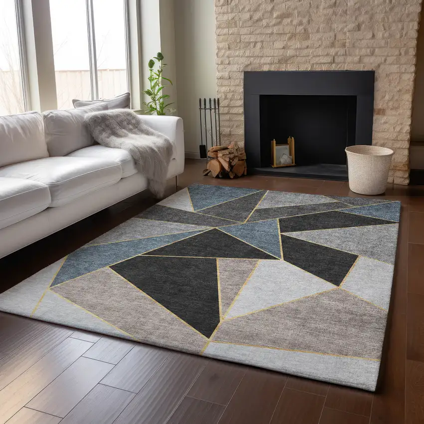 Blue Charcoal And Ivory Geometric Washable Area Rug With UV Protection Photo 6