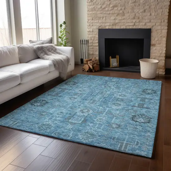 Blue Charcoal And Ivory Oriental Washable Area Rug With UV Protection Photo 5