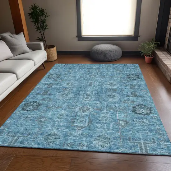 Blue Charcoal And Ivory Oriental Washable Area Rug With UV Protection Photo 4