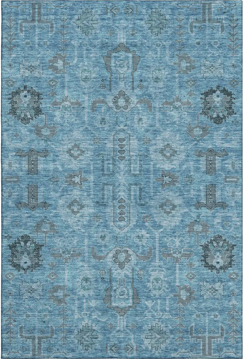 Blue Charcoal And Ivory Oriental Washable Area Rug With UV Protection Photo 1