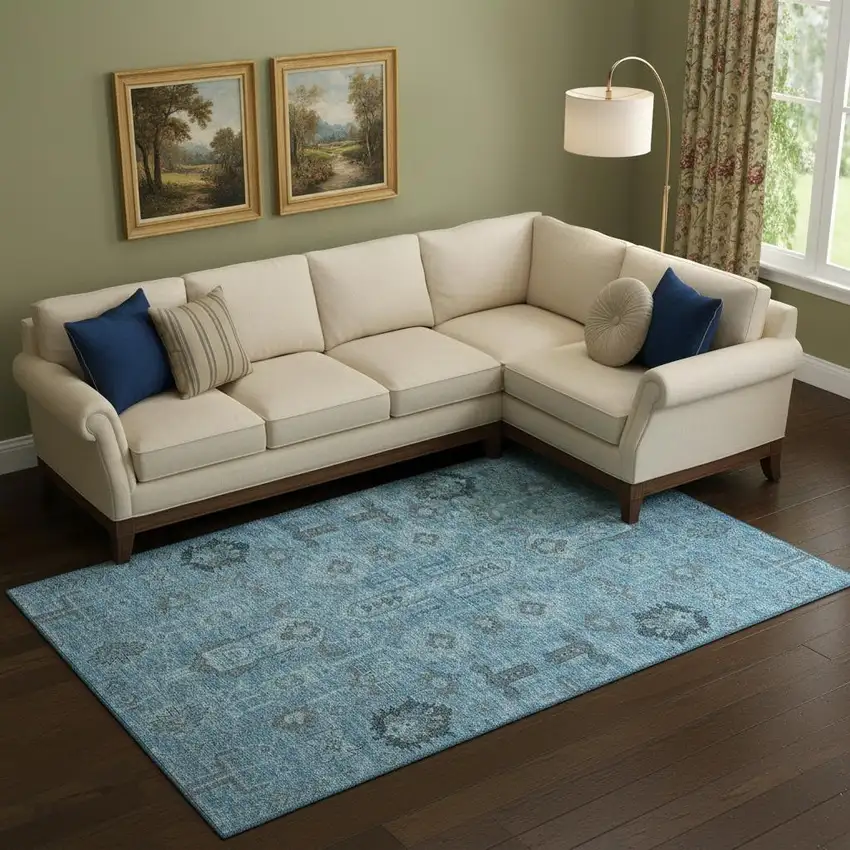 Blue Charcoal And Ivory Oriental Washable Area Rug With UV Protection Photo 1