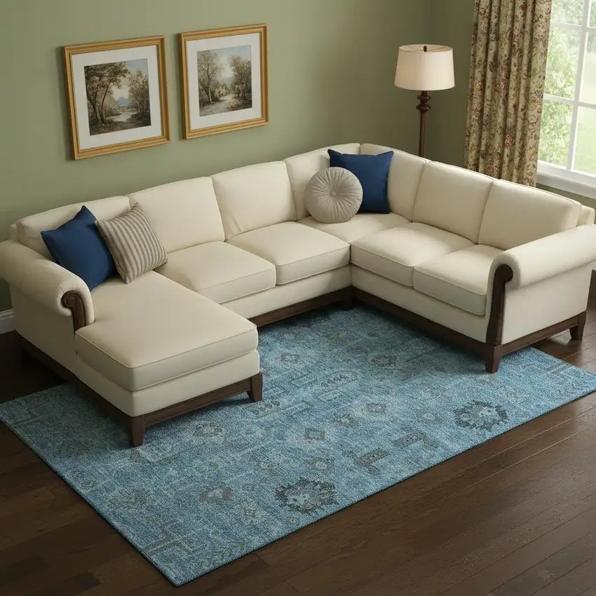 Blue Charcoal And Ivory Oriental Washable Area Rug With UV Protection Photo 1