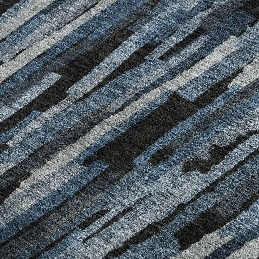 Blue Charcoal And Silver Striped Washable Area Rug With UV Protection Photo 3
