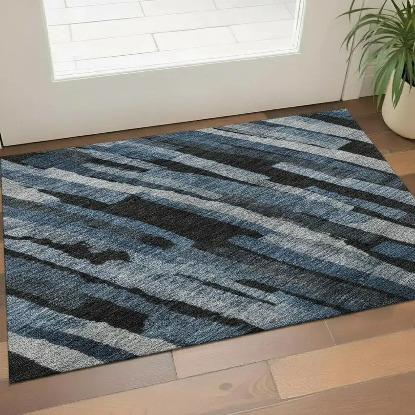 Blue Charcoal And Silver Striped Washable Area Rug With UV Protection Photo 2