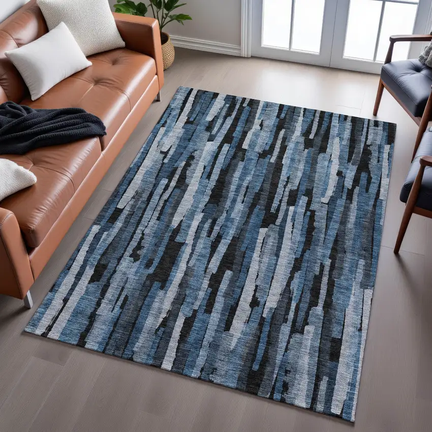 Blue Charcoal And Silver Striped Washable Area Rug With UV Protection Photo 5