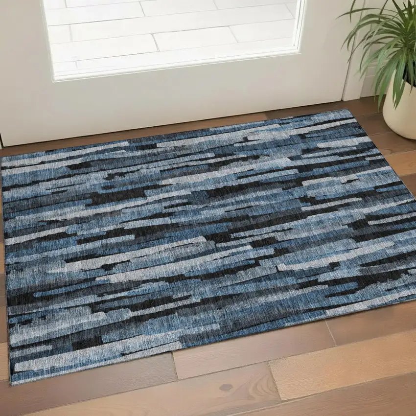 Blue Charcoal And Silver Striped Washable Area Rug With UV Protection Photo 1