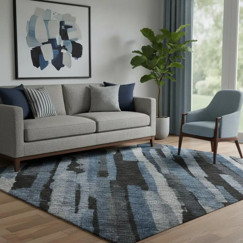 Blue Charcoal And Silver Striped Washable Area Rug With UV Protection Photo 2
