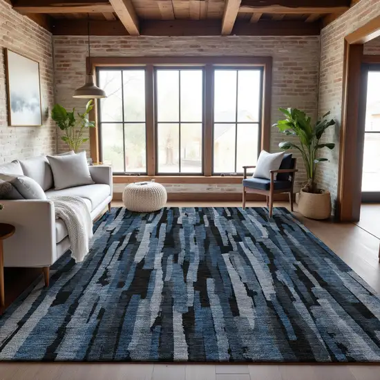 Blue Charcoal And Silver Striped Washable Area Rug With UV Protection Photo 4
