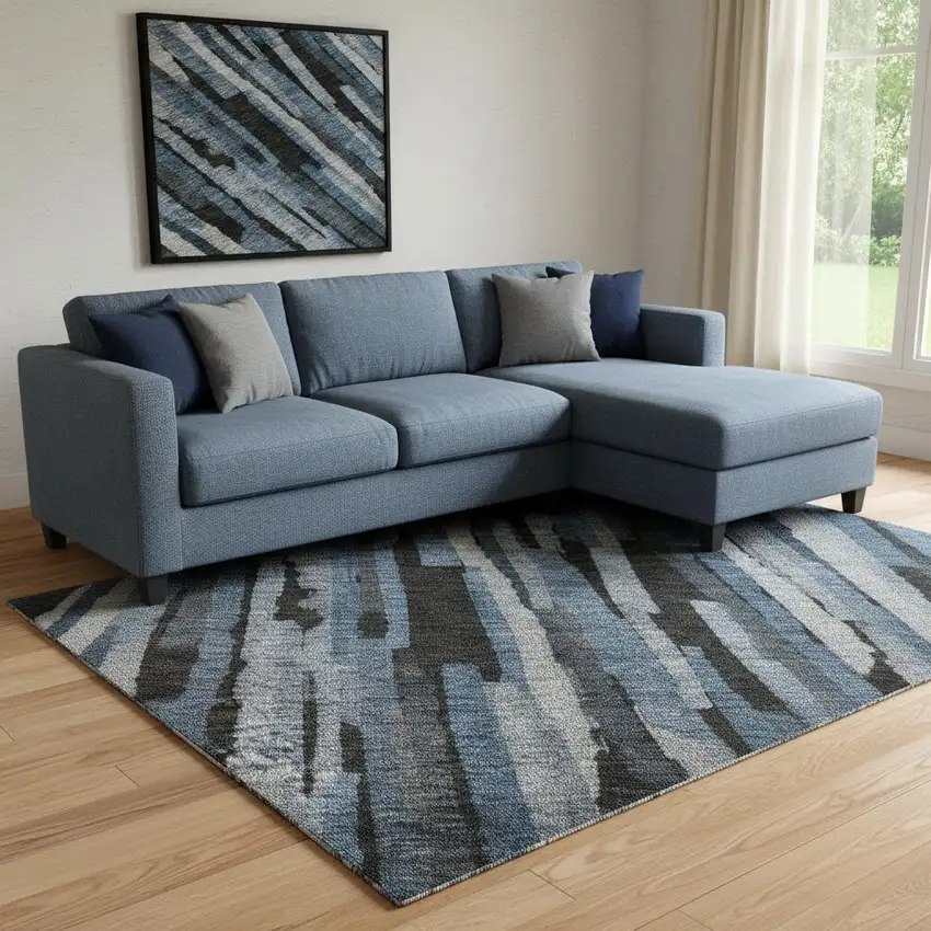 Blue Charcoal And Silver Striped Washable Area Rug With UV Protection Photo 2