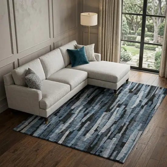 Blue Charcoal And Silver Striped Washable Area Rug With UV Protection Photo 1